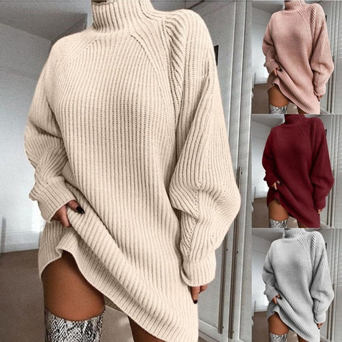 Damen Oversize Longpullover mit hohem Kragen Virelya