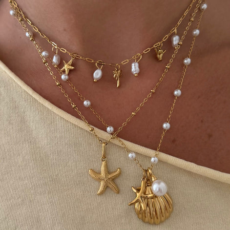 Damen Halskette mit Muschel, Seestern und Perlen – Marelissa