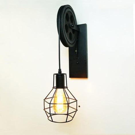 Industrielle Retro-Wandleuchte Pulvion mit Seilzug-Design