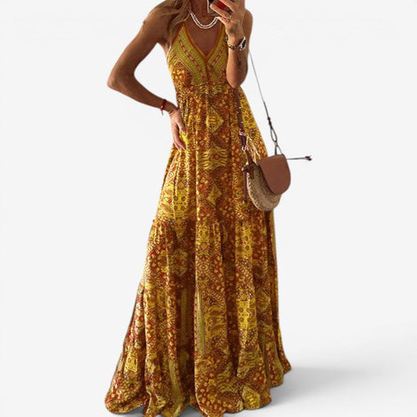 Elvaria Damen Maxikleid mit V-Ausschnitt und hoher Taille