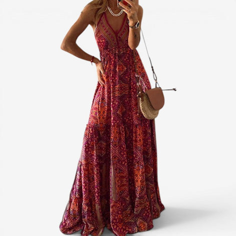 Elvaria Damen Maxikleid mit V-Ausschnitt und hoher Taille