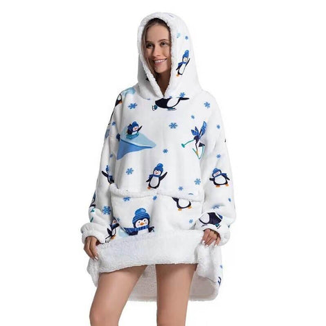 Oversized Hoodie-Decke mit Pinguinmotiv und Sherpa-Fleece – Pinguoria