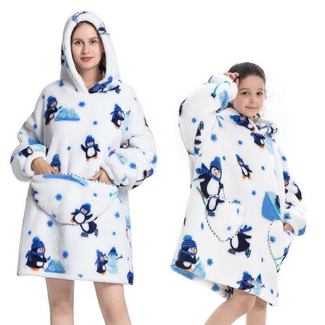 Oversized Hoodie-Decke mit Pinguinmotiv und Sherpa-Fleece – Pinguoria