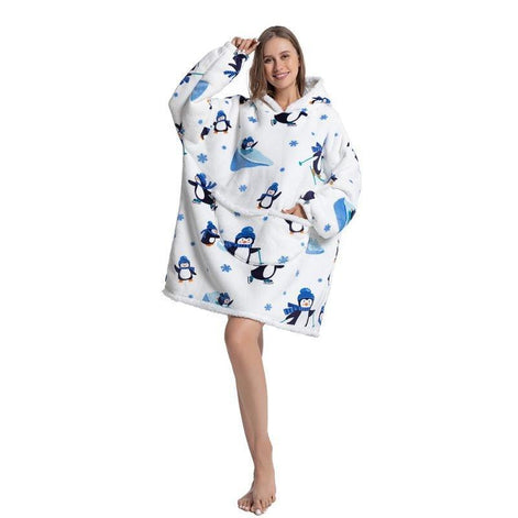 Oversized Hoodie-Decke mit Pinguinmotiv und Sherpa-Fleece – Pinguoria