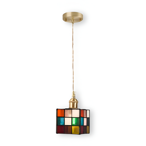 Pendelleuchte aus Glas und Kupfer im geometrischen Design
