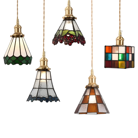 Pendelleuchte aus Glas und Kupfer im geometrischen Design
