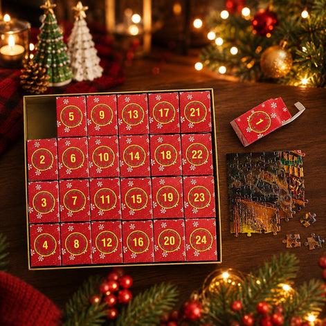 Puzzle Adventskalender mit Weihnachtsmotiv und Referenzposter – Puzzavella