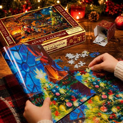 Puzzle Adventskalender mit Weihnachtsmotiv und Referenzposter – Puzzavella