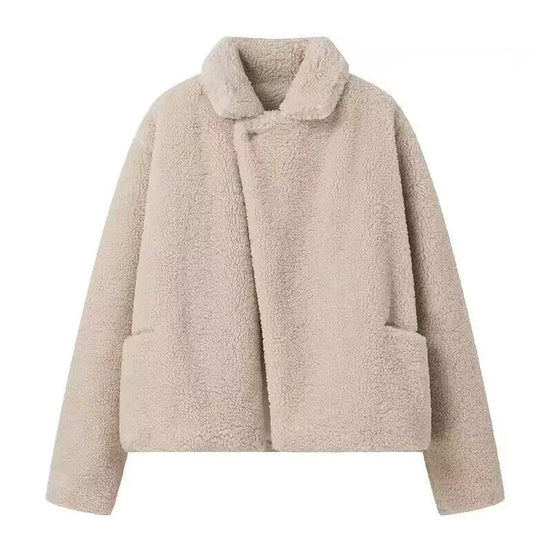 Damen Plüschjacke mit Umlegekragen und Knopfverschluss – Elvara
