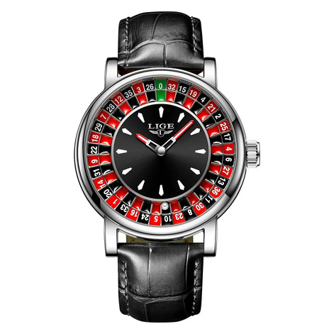 Herren Armbanduhr mit Roulette-Zifferblatt, Quarzwerk und Lederarmband – Rouvelto