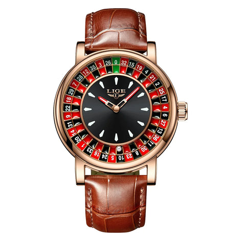 Herren Armbanduhr mit Roulette-Zifferblatt, Quarzwerk und Lederarmband – Rouvelto