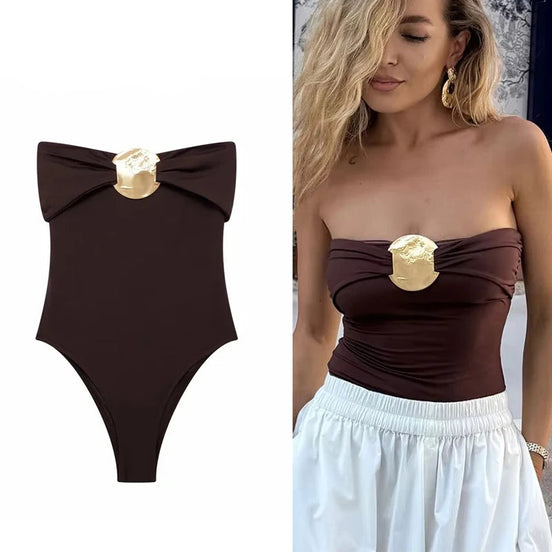 Schulterfreier Damen-Body mit Schleifendetail – Veloura