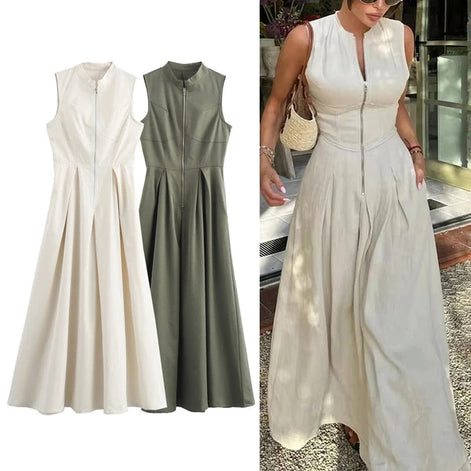 Damen Ärmelloses Midikleid mit Plisseefalten und Reißverschluss – Elanora