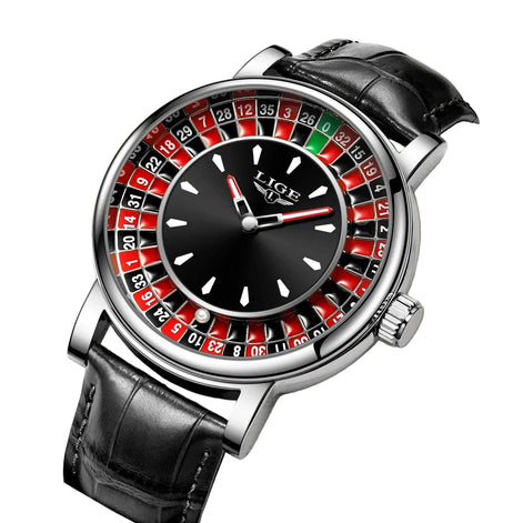 Herren Armbanduhr mit Roulette-Zifferblatt, Quarzwerk und Lederarmband – Rouvelto