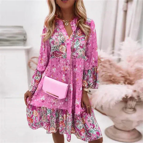 Florique Langärmelige Damenkleid mit durchgehendem Blumenprint