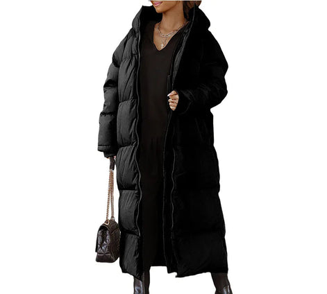 Lange Damen Steppjacke mit Kapuze und Reißverschluss – Velmira