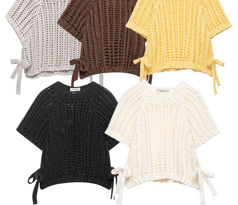Avelisse Damen Strickpullover mit Schleife und Kurzen Ärmeln