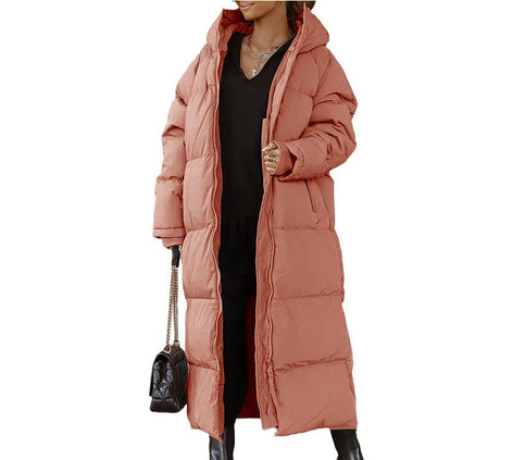 Lange Damen Steppjacke mit Kapuze und Reißverschluss – Velmira