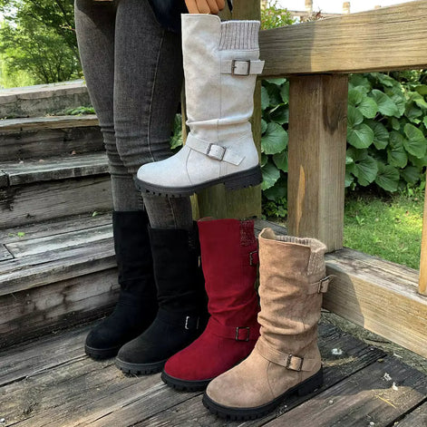 Damen Winterstiefel mit Schnallen und Strickbund – Velmoria