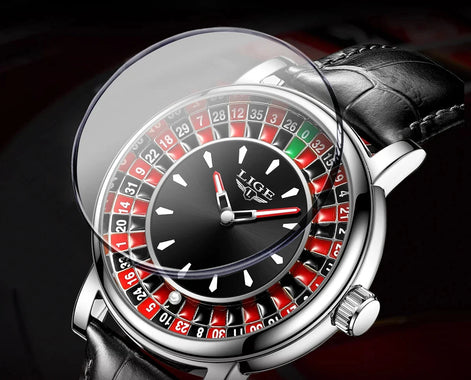 Herren Armbanduhr mit Roulette-Zifferblatt, Quarzwerk und Lederarmband – Rouvelto