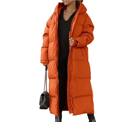 Lange Damen Steppjacke mit Kapuze und Reißverschluss – Velmira