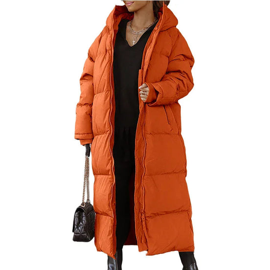 Lange Damen Steppjacke mit Kapuze und Reißverschluss – Velmira