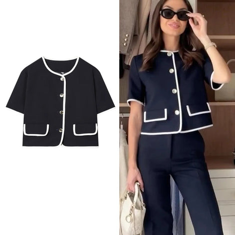 Damen Cropped Blazer mit Kurzarm und Taschen – Elviane