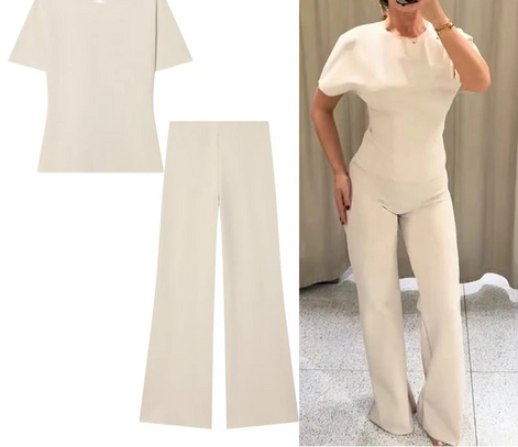 Damen-Zweiteiler mit Kurzarmshirt und Schlaghose – Elanique