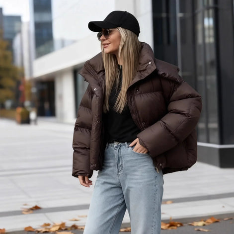 Damen Steppjacke mit Kapuze, Oversized-Passform und Reißverschluss – Quilvara