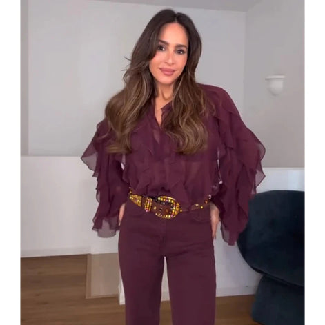 Lorevia Damen Chiffonbluse mit Volants und V-Ausschnitt