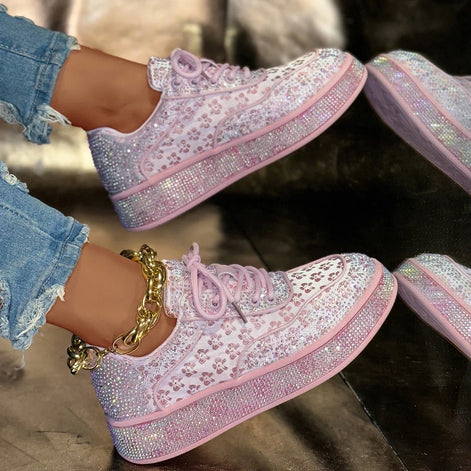 Damen Sneakers mit Blumen, Strasssteinen und Pailletten, 4 cm Sohle – Floravelle
