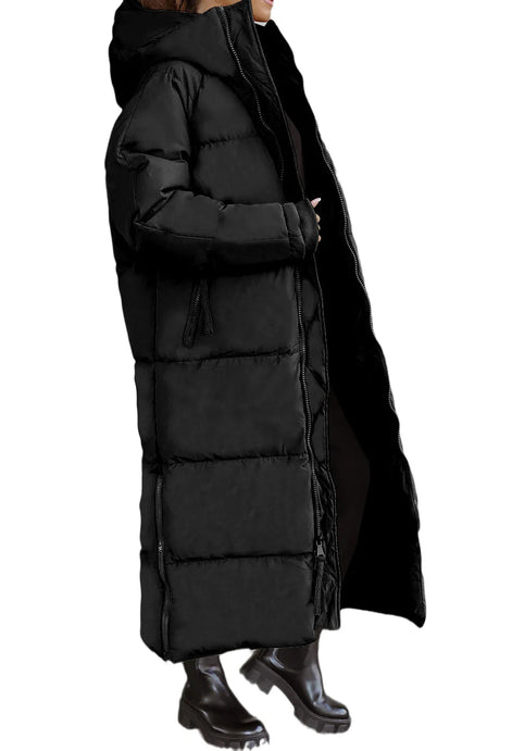 Lange Damen Steppjacke mit Kapuze und Reißverschluss – Velmira