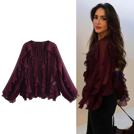 Lorevia Damen Chiffonbluse mit Volants und V-Ausschnitt