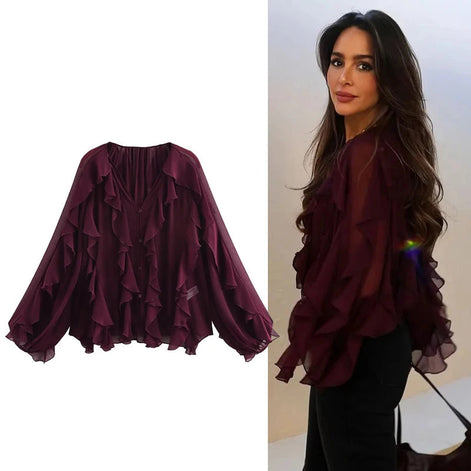 Lorevia Damen Chiffonbluse mit Volants und V-Ausschnitt