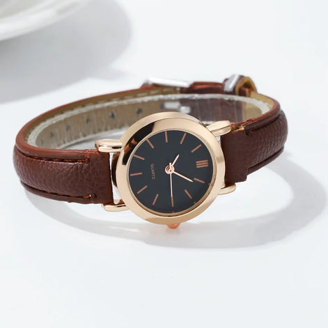 Elvara Damen Armbanduhr mit rundem Zifferblatt und Lederarmband