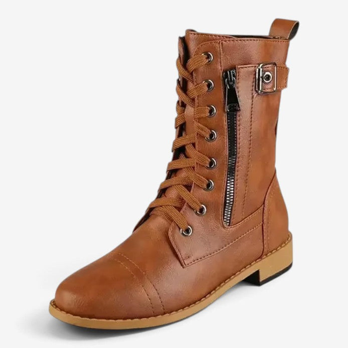 Hohe Damen Stiefel mit Schnürung, Seitenreißverschluss und Schnallendetail Calvessa