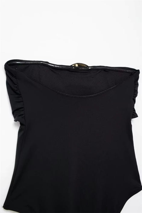 Schulterfreier Damen-Body mit Schleifendetail – Veloura