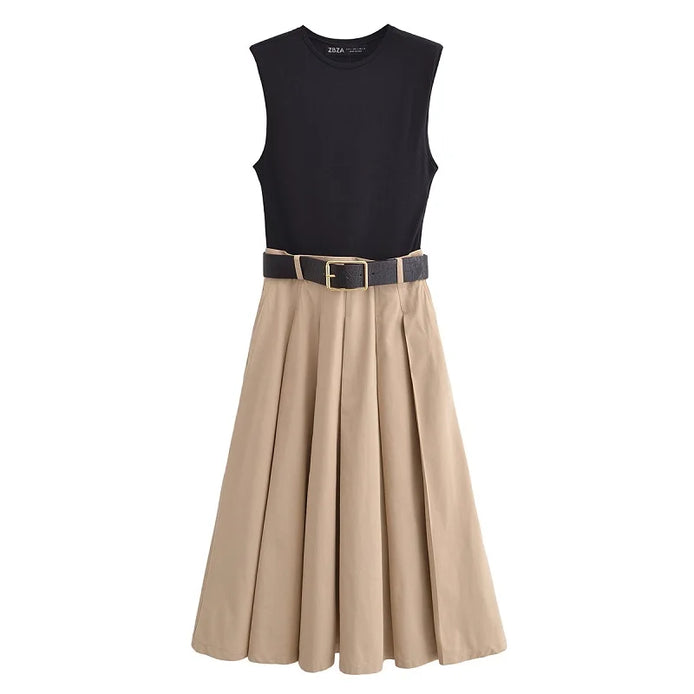 Valerina Damen Midi Kleid Ärmellos Plissiert