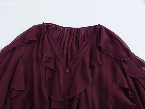 Lorevia Damen Chiffonbluse mit Volants und V-Ausschnitt