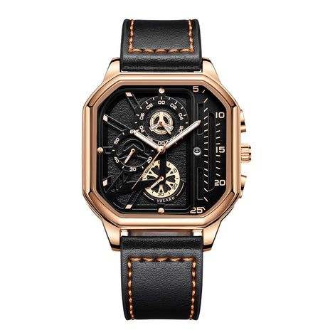 Quarz-Armbanduhr mit quadratischem Gehäuse und Lederarmband