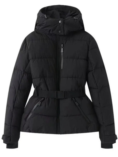 Damen Winterjacke mit Kapuze, Gürtel und wattierter Füllung – Cirella