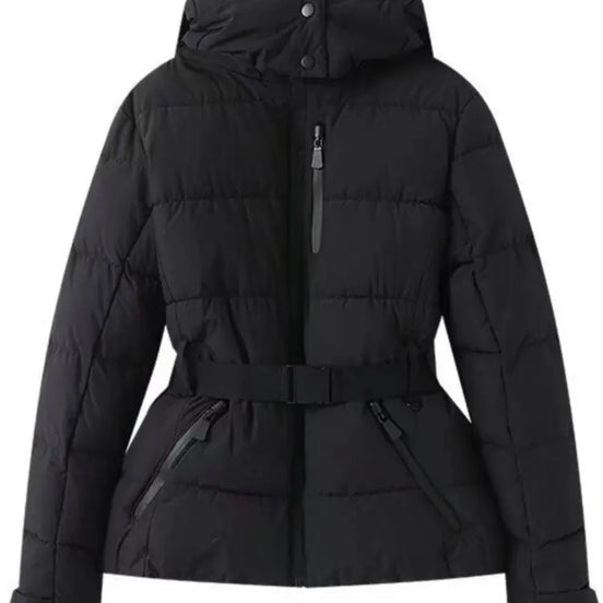 Damen Winterjacke mit Kapuze, Gürtel und wattierter Füllung – Cirella