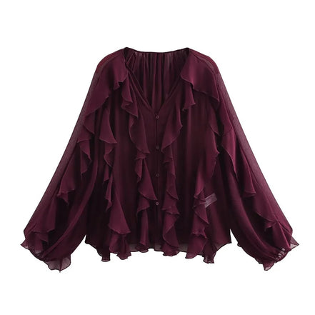 Lorevia Damen Chiffonbluse mit Volants und V-Ausschnitt