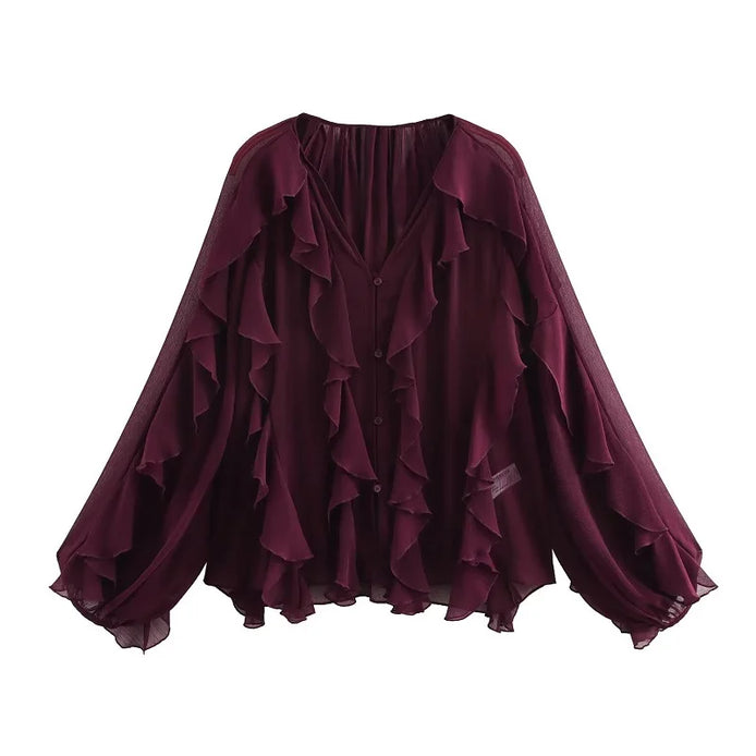 Lorevia Damen Chiffonbluse mit Volants und V-Ausschnitt