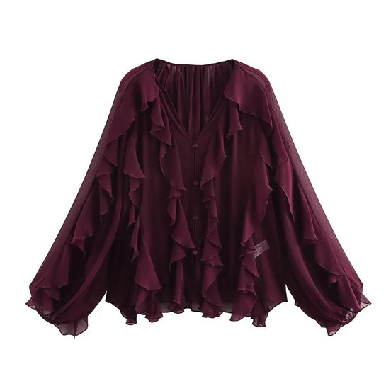 Lorevia Damen Chiffonbluse mit Volants und V-Ausschnitt