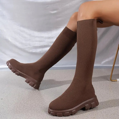 Eloria Damen Kniehohe Boots mit elastischem Schaft und Plateau