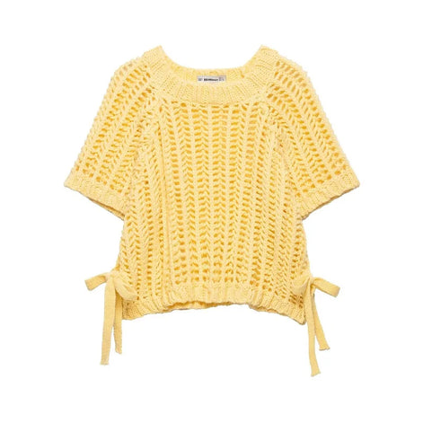 Avelisse Damen Strickpullover mit Schleife und Kurzen Ärmeln