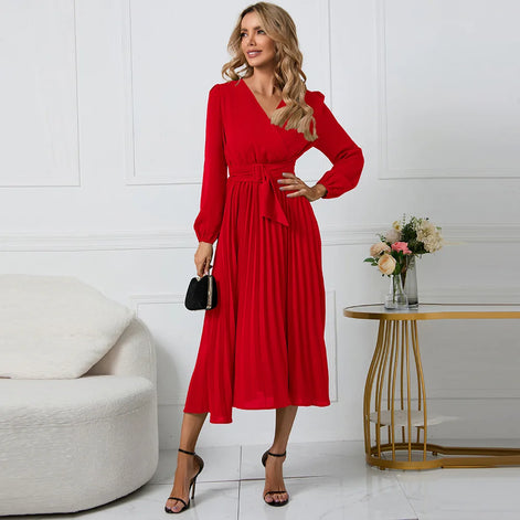 Selmoria Midi Kleid mit V-Ausschnitt und Bindegürtel