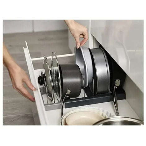 FlexStore Topf- und Pfannenhalter – Ausziehbar mit 6 Trennern und Deckelhalter