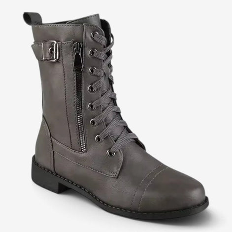Hohe Damen Stiefel mit Schnürung, Seitenreißverschluss und Schnallendetail Calvessa